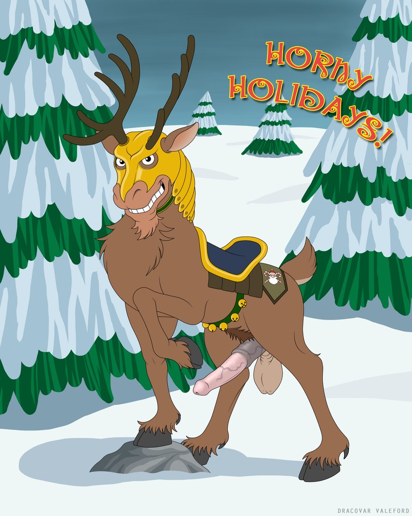 antlers armor balls cloven_hooves erection feral genitals grin headgear helmet holidays hooves horn lemon_testicles looking_at_viewer male outside penis saddle saggy_balls side_view smile snow solo teeth text vein veiny_penis dracovar_valeford american_dad mimzy deer mammal new_world_deer reindeer 2011 absurd_res english_text hi_res