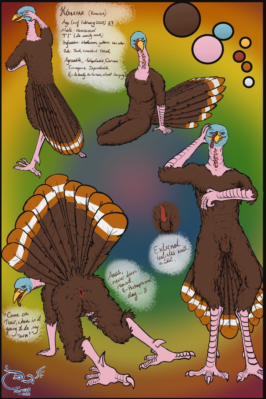 abstract_background all_fours anthro anticipation anus avian_caruncle bald balls beak brown_body brown_feathers dewlap_(anatomy) dialogue erection feathers feet genitals hand_on_chest hand_on_head hand_on_leg hand_on_thigh lgbt_pride male open_beak open_mouth penis pink_body pink_skin pride_colors relaxing scuted_arms scuted_legs scutes sitting smile snood_(anatomy) solo speech_bubble spurs standing tail tail_feathers talons text toes wrinkles tzair_(artist) konarak_(tzair) avian bird galliform phasianid turkey slit_(disambiguation) 2:3 colored digital_media_(artwork) english_text hi_res model_sheet signature