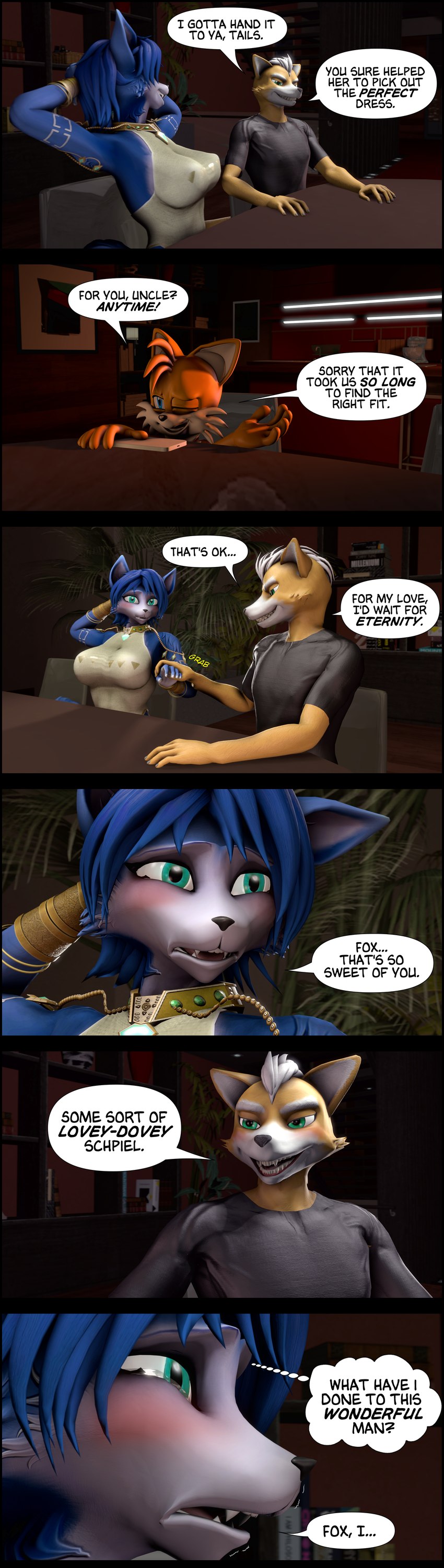 anthro blush bodily_fluids clothed clothing comic_panel female group male male/female one_eye_closed open_mouth speech_bubble tears text trio wink chadchan3d nintendo sega sonic_the_hedgehog_(series) star_fox warfare_machine fox_mccloud krystal_(star_fox) miles_prower warfare_fox warfare_krystal canid mammal 3d_(artwork) absurd_res comic digital_media_(artwork) english_text hi_res source_filmmaker_(artwork)