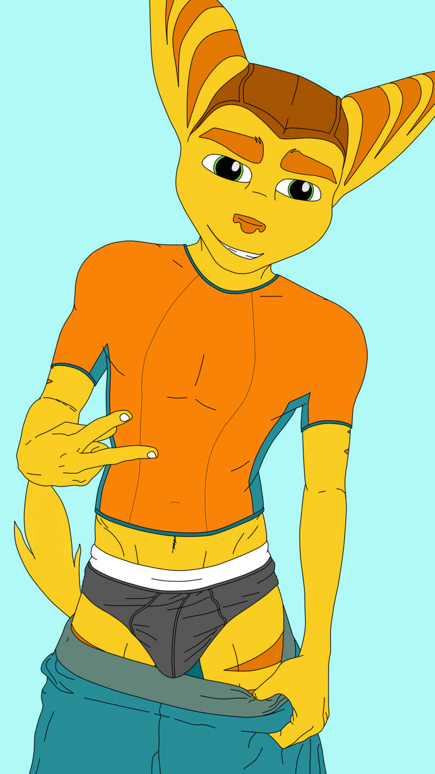 anthro bottomwear bottomwear_down bulge clothed clothing fluffy fluffy_tail fur gesture hand_gesture male muscular muscular_anthro muscular_male orange_body orange_fur pants pants_down partially_clothed shirt smile solo tail topwear underwear v_sign vdrebi ratchet_and_clank sony_corporation sony_interactive_entertainment ratchet_(ratchet_and_clank) lombax mammal 9:16 hi_res