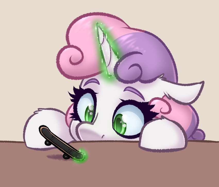 female feral furniture green_eyes hair horn pink_hair purple_hair solo table white_body witchtaunter friendship_is_magic hasbro my_little_pony mythology tech_deck sweetie_belle_(mlp) equid equine mammal mythological_creature mythological_equine unicorn 2023 absurd_res hi_res