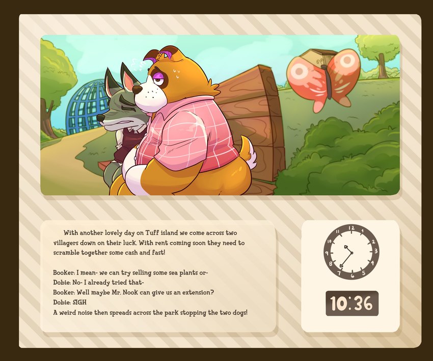 anthro bench bodily_fluids brown_body butt clock clothing detailed_background duo male outside overweight overweight_male plant shirt sitting sweat text topwear tree haxsmack animal_crossing nintendo booker_(animal_crossing) dobie_(animal_crossing) canid canine canis domestic_dog mammal wolf 2024 absurd_res english_text hi_res