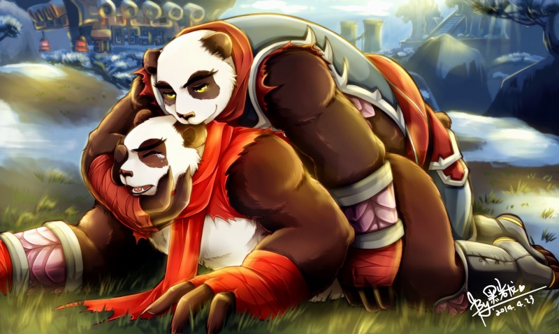 anthro black_body black_fur bodily_fluids crying detailed_background duo fur male male/male outside overweight overweight_male tears white_body white_fur warlocknyan blizzard_entertainment warcraft bear mammal pandaren 2014 absurd_res hi_res