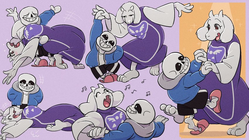 anthro bone clothing dancing delta_rune_(emblem) duo female footwear fur laugh male male/female mature_anthro mature_female shoes singing size_difference skeleton slippers symbol white_body white_fur under10mato undertale undertale_(series) sans_(undertale) toriel animated_skeleton boss_monster_(undertale) bovid caprine goat humanoid mammal undead 16:9 2024 widescreen