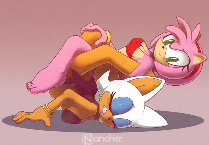 anthro barefoot bikini blush breast_squish breasts clothing dominant dominant_female duo feet female female/female jewelry smile squish swimwear two-piece_swimsuit wings wrestling nancher sega sonic_the_hedgehog_(series) amy_rose rouge_the_bat bat eulipotyphlan hedgehog mammal