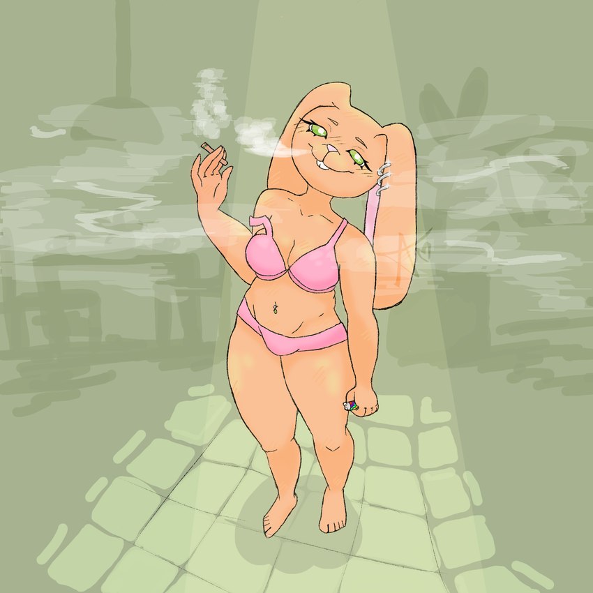 anthro bra brown_body brown_fur clothed clothing drugs ear_piercing female fur green_eyes marijuana navel navel_piercing partially_clothed piercing smoking smoking_marijuana solo stoned substance_intoxication underwear marshmamommy bunnylikesplants lagomorph leporid mammal rabbit 1:1 hi_res