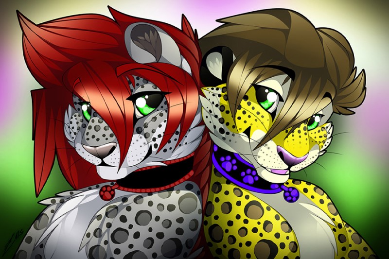 anthro brown_hair collar duo fangs femboy fur green_eyes hair half-closed_eyes leopard_spots male narrowed_eyes open_mouth red_hair simple_background smile spots teeth tongue gard3r kiro yellow_(character) felid leopard mammal pantherine 3:2