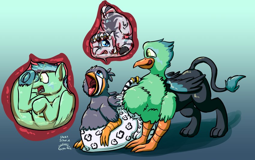 abdominal_bulge accessory alternate_species avian_feet beak blue_eyes bodily_fluids burping crop_(anatomy) cutie_mark dreadlocks feathered_wings feathers feral feral_pred feral_prey fully_inside furgonomics green_body green_eyes grey_body group hair_accessory hair_tie hooves inside_stomach internal larger_pred male male_pred male_prey mane markings neck_bulge open_mouth orange_markings organs paws saliva smaller_pred spots stomach stomach_acid stripes tail tail_accessory tail_tuft tuft vore wings gyrotech silent_e hasbro my_little_pony mythology ruzeth ruzzy zuthal avian equid equine gryphon mammal mythological_avian mythological_creature tatzlpony zebra zebra_finch hi_res