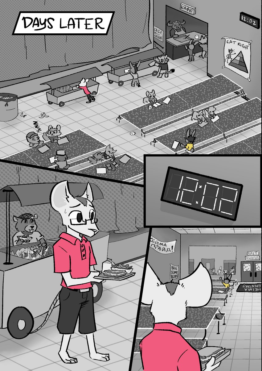 anthro cafeteria clock clothed clothing detailed_background digital_clock electronics female fur group hair male stripes text lost_andsafe halcyon_(series) beauchamp_(halcyon) herba_(halcyon) asinus avian beaver bird bovid bovine canid canine canis caprine cattle domestic_dog domestic_sheep donkey elephant elephantid equid equine felid fox lagomorph leporid mammal mouse murid murine pantherine proboscidean rabbit rodent sheep shiba_inu spitz tiger 2023 absurd_res comic digital_media_(artwork) english_text greyscale hi_res monochrome russian_text