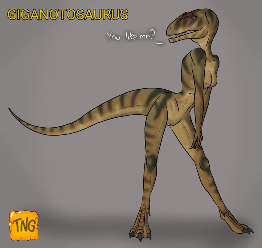 anthro brown_body dark_stripes dialogue female genitals green_stripes hands_crossed leaning_over nude pussy red_crest scales scaly_tail shy slim solo stripes tail the_nameless_guy carcharodontosaurid dinosaur giganotosaurus prehistoric_species reptile scalie theropod hi_res