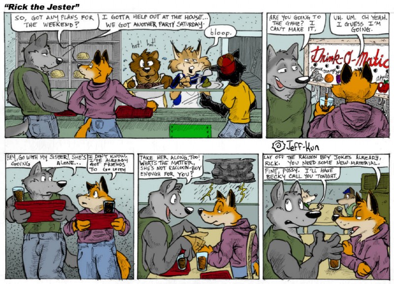 anthro dialogue eating group lunch male tail text leafdog closet_coon colin_young donny_squirrel rick_mooney canid canine canis fox mammal mustelid otter red_fox rodent sciurid tree_squirrel true_fox wolf comic english_text multiple_scenes