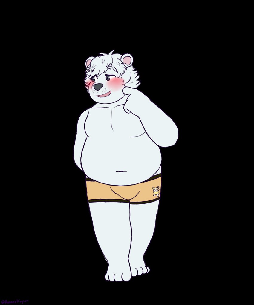 anthro belly blush boxer_briefs boxer_briefs_only boxers_(clothing) bulge clothed clothing embarrassed facial_hair hair male moobs mustache overweight overweight_male solo standing topless underwear underwear_only white_hair amanekiryuu nintendo pokemon echo_(calahootheyeen) bear generation_8_pokemon mammal pokemon_(species) polar_bear ursine yamper alpha_channel hi_res