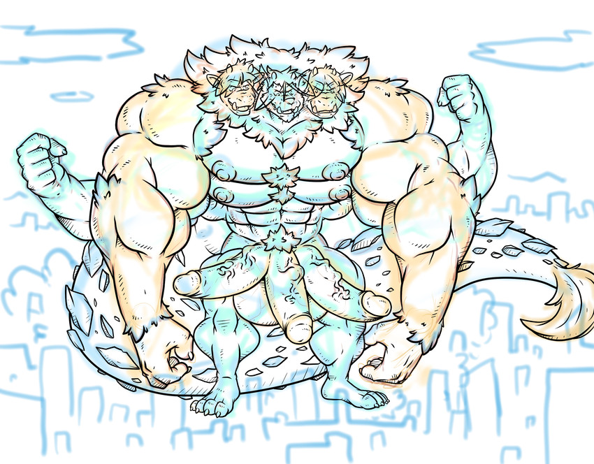 3_heads 3_penises 4_arms 4_pecs anthro big_muscles city flexing genitals growth half-erect huge_muscles looking_at_another looking_down macro male multi_arm multi_genitalia multi_head multi_limb multi_pecs multi_penis multifur muscular muscular_anthro muscular_male nude pecs penis solo spiked_tail spikes spikes_(anatomy) tail tail_tuft transformation tuft rackun european_mythology greek_mythology mythology ape canid canid_demon canine canis cerberus demon gorilla haplorhine hellhound hybrid mammal mythological_canine mythological_creature primate wolf 2020 hi_res line_art