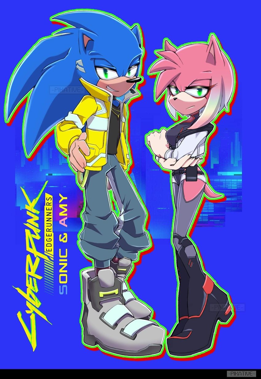 anthro clothing cosplay crossover_cosplay duo female footwear green_eyes jewelry legwear male necklace shoes stockings thin_calves pikative cyberpunk_edgerunners netflix sega sonic_the_hedgehog_(series) studio_trigger amy_rose david_martinez lucy_(cyberpunk_edgerunners) sonic_the_hedgehog eulipotyphlan hedgehog mammal crossover hi_res