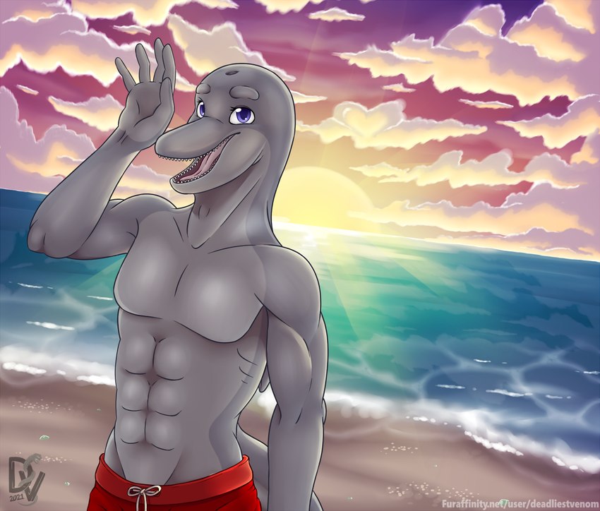 anthro athletic beach blowhole blue_eyes clothed clothing detailed_background gesture grey_body male open_mouth outside sea seaside solo sunset topless water waving deadliestvenom kajika_longfin bottlenose_dolphin cetacean dolphin mammal marine oceanic_dolphin toothed_whale 2021 half-length_portrait portrait