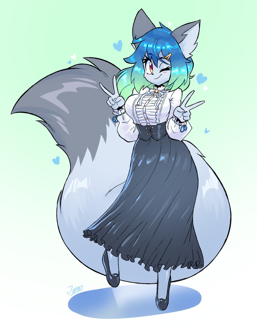 anthro big_breasts big_tail black_bottomwear black_clothing black_footwear black_shoes black_skirt blue_body blue_fur blue_hair blush bottomwear breasts clothed clothed_anthro clothed_female clothing double_v_sign female flats_(shoes) fluffy fluffy_tail footwear fur gesture hair hand_gesture heart_symbol huge_tail long_hair multicolored_hair shoes skirt solo tail teal_hair topwear two_tone_hair v_sign white_clothing white_topwear yellow_eyes jamoart amanda_(fedora_gibbles) canid canine fox mammal 2024 absurd_res hi_res