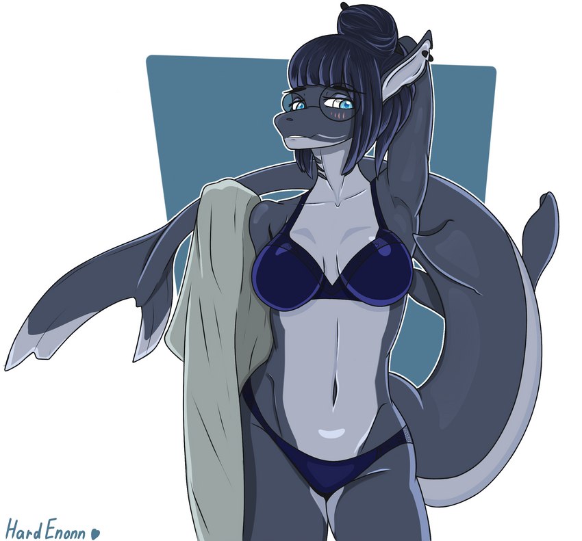 anthro blue_eyes breasts clothing female looking_at_viewer panties shark_tail solo towel underwear hardenonn fish marine shark hi_res