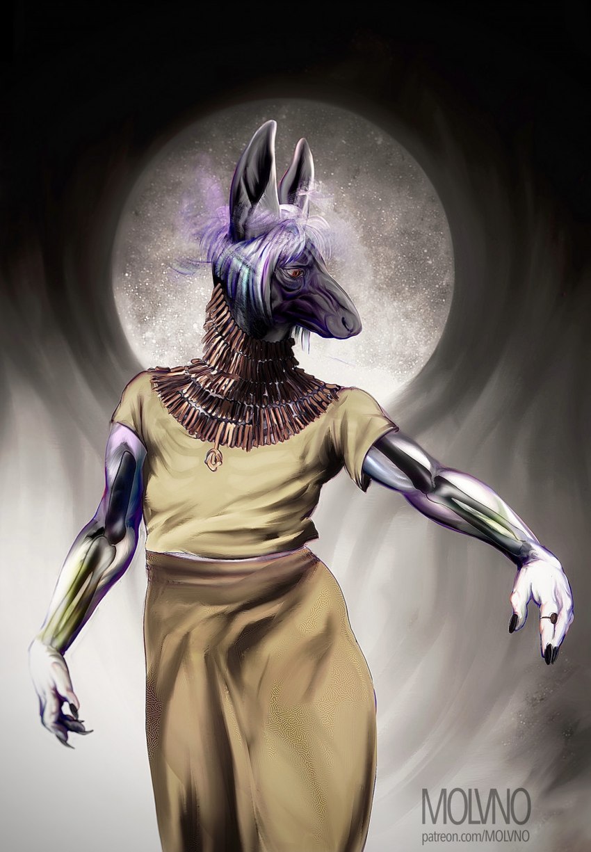 anthro bone clothed clothing female jewelry moon night simple_background solo text translucent molvno anubian_jackal canid canine canis jackal mammal digital_media_(artwork) hi_res url