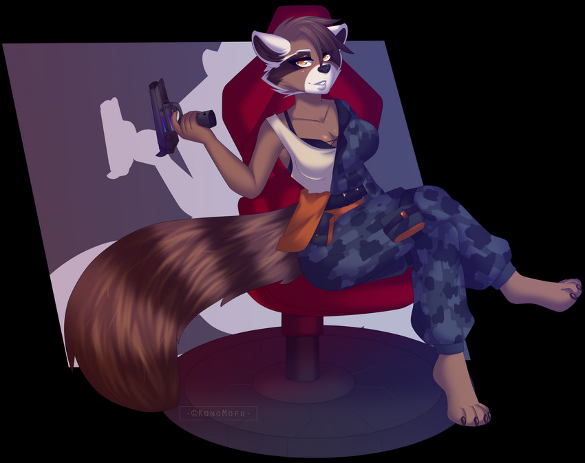 anthro big_breasts breasts chair cleavage clothed clothing cockpit copyright_symbol crossgender digitigrade feet female fur furniture futuristic gun handgun looking_at_viewer pistol ranged_weapon rocket solo symbol weapon konomofu guardians_of_the_galaxy marvel the_avengers rocket_raccoon mammal procyonid raccoon alpha_channel hi_res