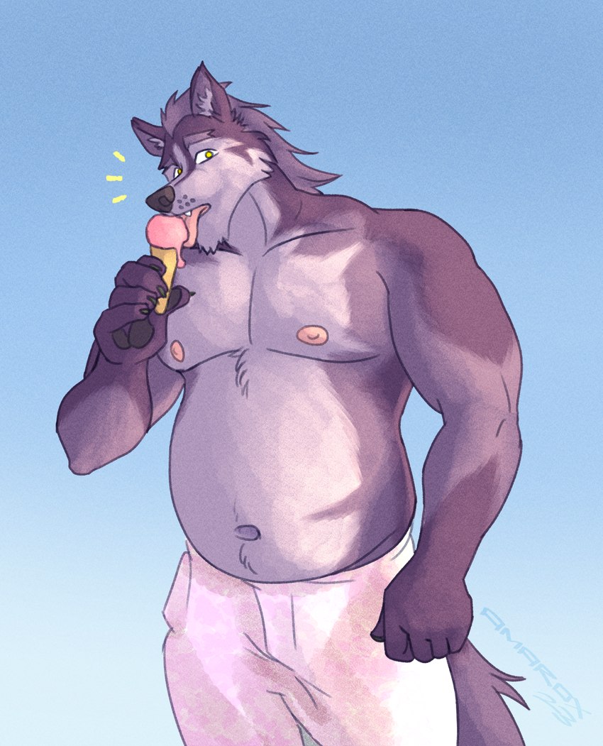 anthro belly bottomwear clothing dessert food hair ice_cream licking looking_at_viewer male musclegut muscular navel nipples overweight pants solo standing tongue amarox amarox_(character) canid canine canis mammal wolf digital_drawing_(artwork) digital_media_(artwork) hi_res