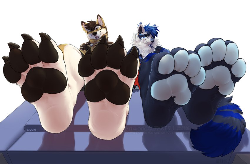 4_toes anthro barefoot bottomwear claws clothing duo feet foot_focus furniture male male/male pawpads paws shorts sitting sofa toes takesu dannydumal robbygood canid canine canis coyote mammal wolf hi_res watermark