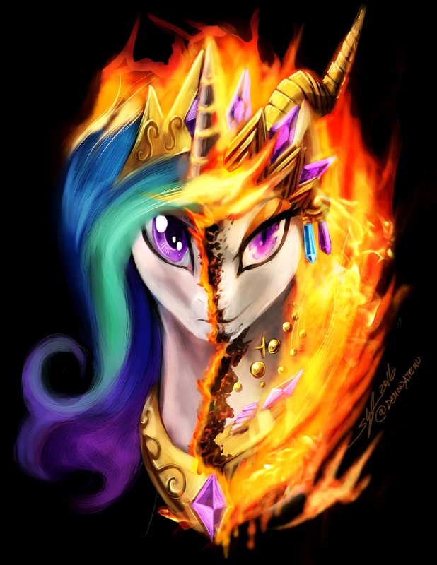 crown duality female headgear jewelry necklace pupils purple_eyes slit_pupils solo split_personality what_has_magic_done slifertheskydragon friendship_is_magic hasbro my_little_pony princess_celestia_(mlp) equid mammal 2016