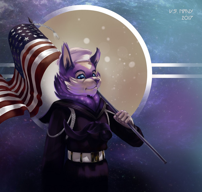 american_flag anthro belt blue_eyes canton clothed clothing detailed_background eyebrows flag flag_(object) flag_on_shoulder fully_clothed fur holding_flag holding_object inner_ear_fluff male navy navy_hat navy_uniform object_on_shoulder purple_body purple_fur purple_nose solo text tuft united_states_of_america thepimpartist u.s._navy canid canine fox mammal 2017 english_text traditional_media_(artwork)