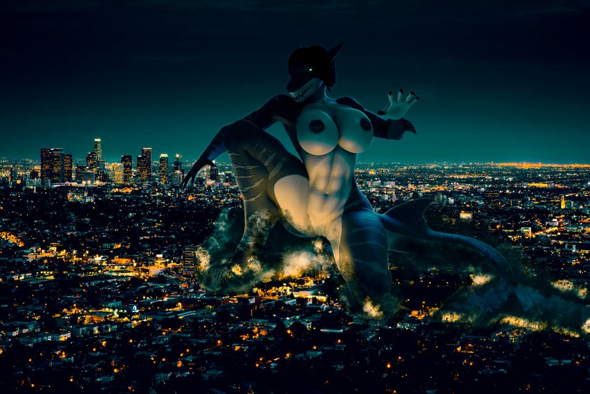 anthro big_breasts breasts building city crush destruction female hair landscape_dwarfing macro muscular nipples nude open_mouth parovozik fish marine shark 3:2 3d_(artwork) absurd_res adobe_photoshop_(artwork) blender_(artwork) digital_media_(artwork) hi_res