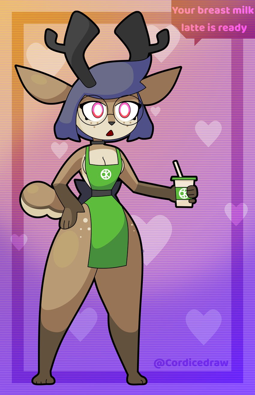 anthro apron apron_only clothing collar eyewear female glasses round_glasses solo thick_thighs cordicedraw i_mean_breast_milk starbucks deer mammal absurd_res hi_res meme