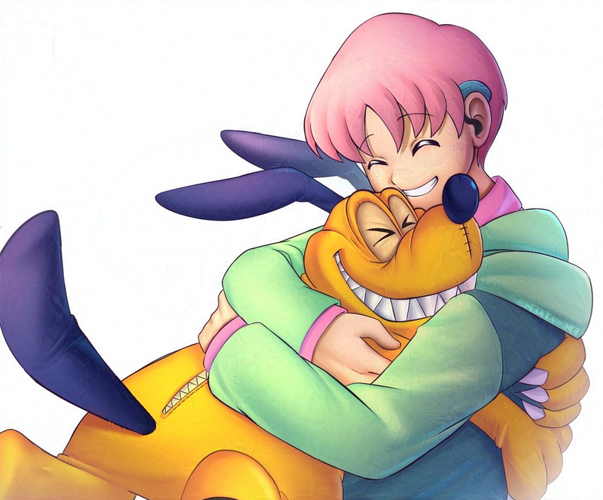 ambiguous_gender anthro brown_body brown_fur claws duo eyes_closed fur grin hair hug male pink_hair simple_background smile white_background zipper neotamine bandai_namco digimon canid canine canis digimon_(species) doggymon domestic_dog human mammal hi_res