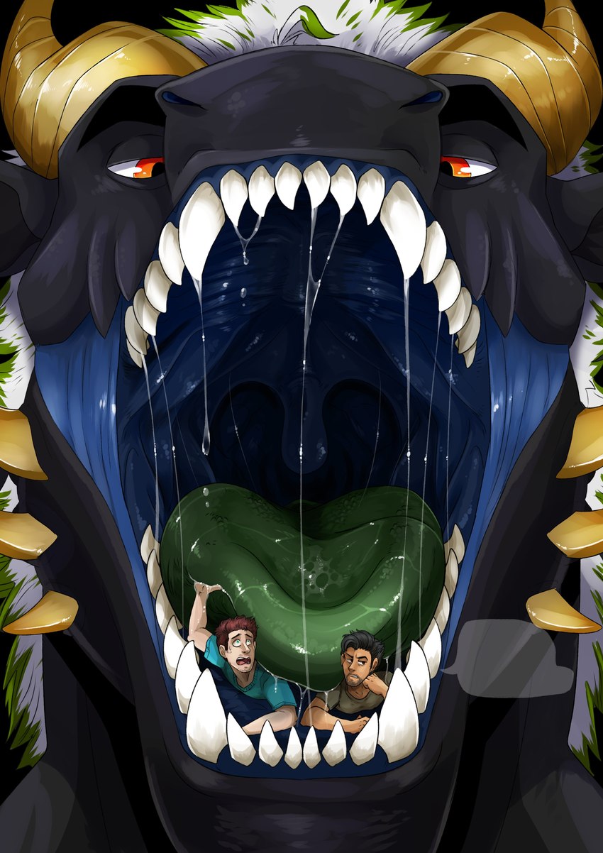 ambiguous_gender beard black_body black_hair blue_clothing blue_eyes blue_shirt blue_t-shirt blue_topwear bodily_fluids brown_hair cheek_spikes clothed clothing facial_hair facial_spikes feral front_view green_clothing green_mane green_shirt green_t-shirt green_tongue green_topwear group hair horn in_mouth male mane mouth_shot narrowed_eyes open_mouth red_eyes saliva saliva_on_tongue saliva_string sharp_teeth shirt spikes spikes_(anatomy) t-shirt tan_body tan_skin teeth tongue topwear trio uvula white_mane yellow_horn imperatorcaesar human mammal absurd_res hi_res