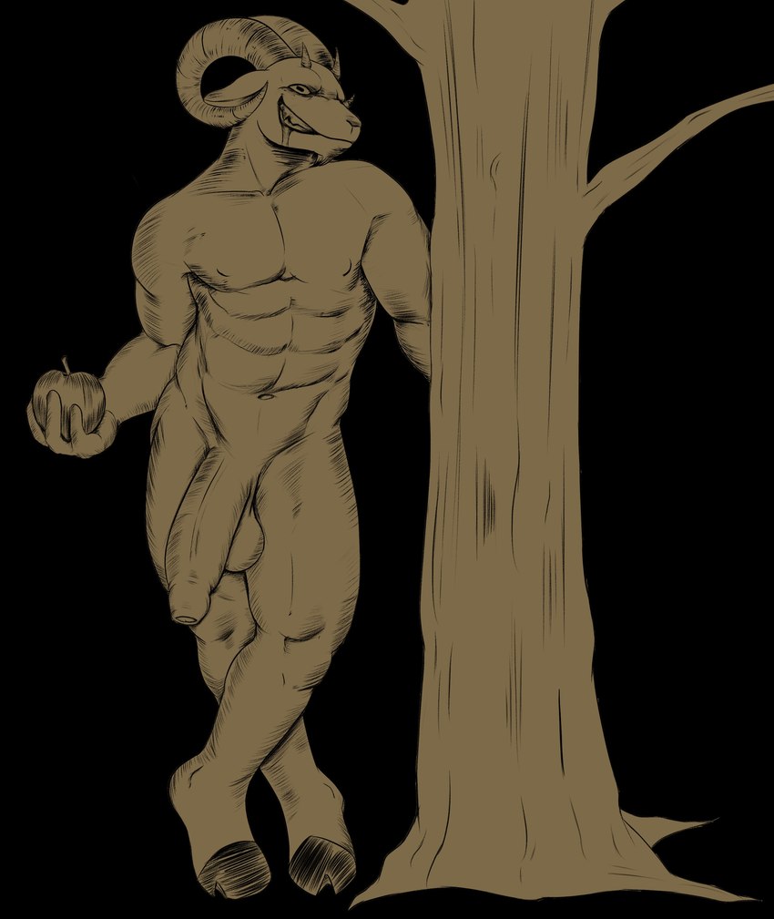 abs anthro apple balls big_penis black_background cloven_hooves curved_horn flaccid food foreskin fruit genitals grin holding_apple holding_food holding_fruit holding_object hooves horn humanoid_genitalia humanoid_penis male muscular muscular_male penis plant simple_background smile solo standing tree unretracted_foreskin doggonut bovid caprine caprine_demon demon goat_demon mammal absurd_res hi_res monochrome