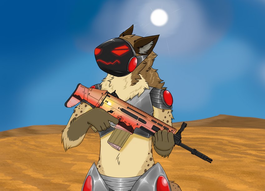 anthro armor armwear assault_rifle battle_rifle body_armor brown_body brown_ears brown_fur brown_spots claws clothing desert dirt fur gloves_(marking) grey_inner_ear_fluff gun holding_gun holding_object holding_ranged_weapon holding_weapon inner_ear_fluff light looking_aside machine male mane markings metal_armor multicolored_body multicolored_fur number outside pattern_armwear pattern_clothing ranged_weapon red_claws red_eyes red_nose rifle scar-h screen screen_face solo spots spotted_armwear spotted_body spotted_clothing spotted_fur spotted_markings spotted_tail sun sunlight tail tail_markings tally_marks tan_body tan_fur text tuft two_tone_body two_tone_fur weapon western_tally_marks johmn hyena mammal protogen spotted_hyena digital_media_(artwork) english_text half-length_portrait portrait shaded