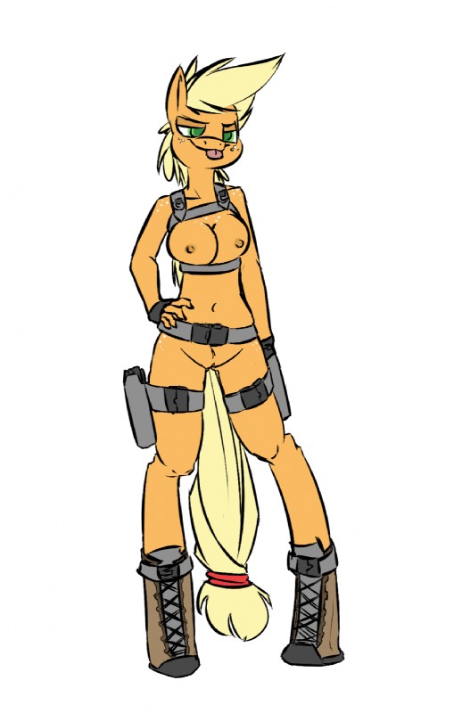 anthro anthrofied belt biped blonde_hair boots breasts clothing female fingerless_gloves footwear freckles genitals gloves green_eyes gun hair handgun handwear holster humanoid_genitalia humanoid_pussy navel nipples nude pistol pussy ranged_weapon shoes shoulder_holster simple_background solo standing tongue tongue_out weapon white_background frumplechuck friendship_is_magic hasbro my_little_pony applejack_(mlp) earth_pony equid equine horse mammal pony 2013 hi_res