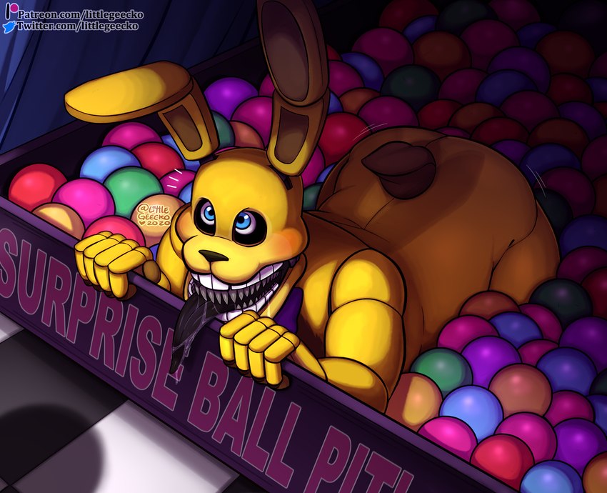 ambiguous_gender anthro ball_pit blue_eyes blush bodily_fluids bow_tie butt drooling joints long_ears long_tongue looking_at_another machine offscreen_character saliva scut_tail short_tail solo tail tongue wiggle yellow_body littlegeecko five_nights_at_freddy's into_the_pit scottgames spring_bonnie_(fnaf) animatronic lagomorph leporid mammal rabbit robot 2020 hi_res watermark