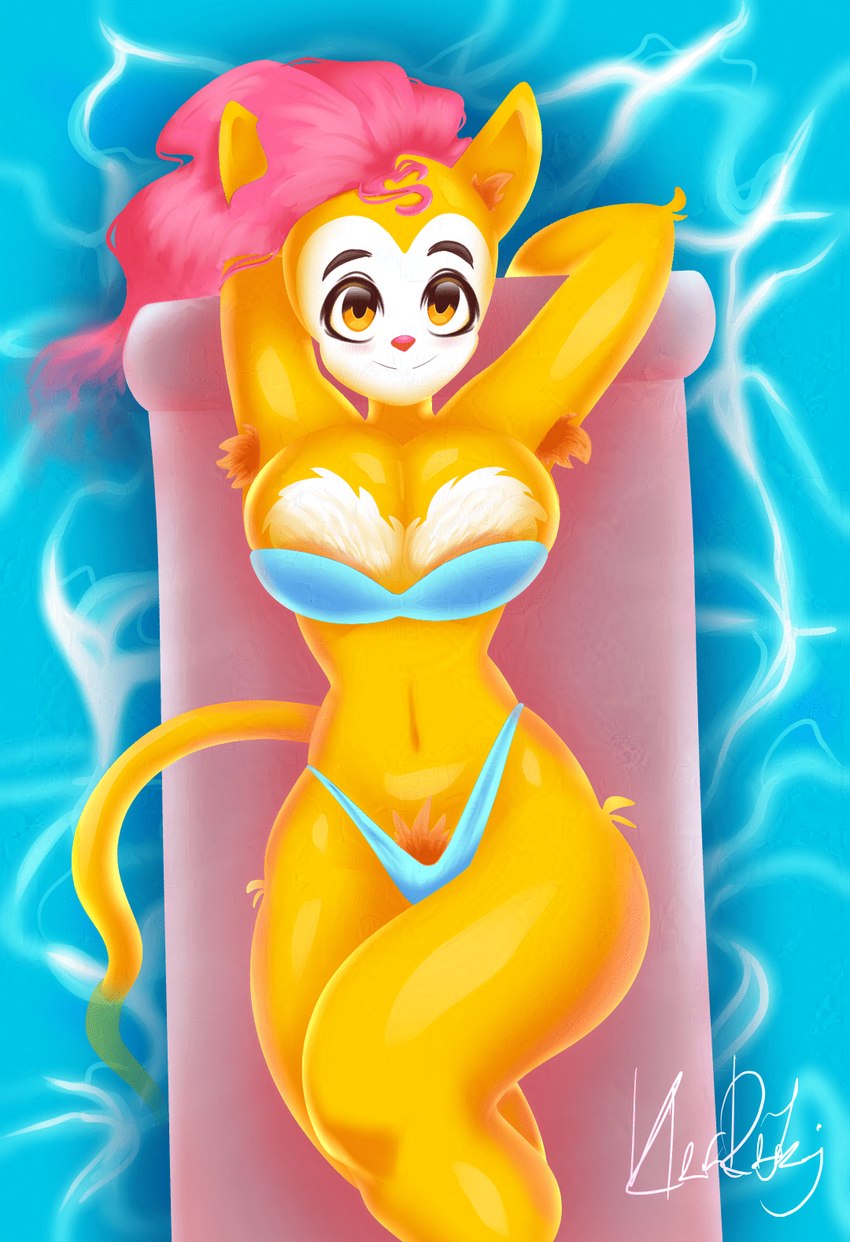 anthro armpit_hair bikini body_hair clothing curvy_figure female floatie hair hourglass_figure inflatable pink_hair plantigrade pubes solo summer swimwear two-piece_swimsuit klararaskaj super_fuck_friends monique_pussycat felid feline mammal hi_res