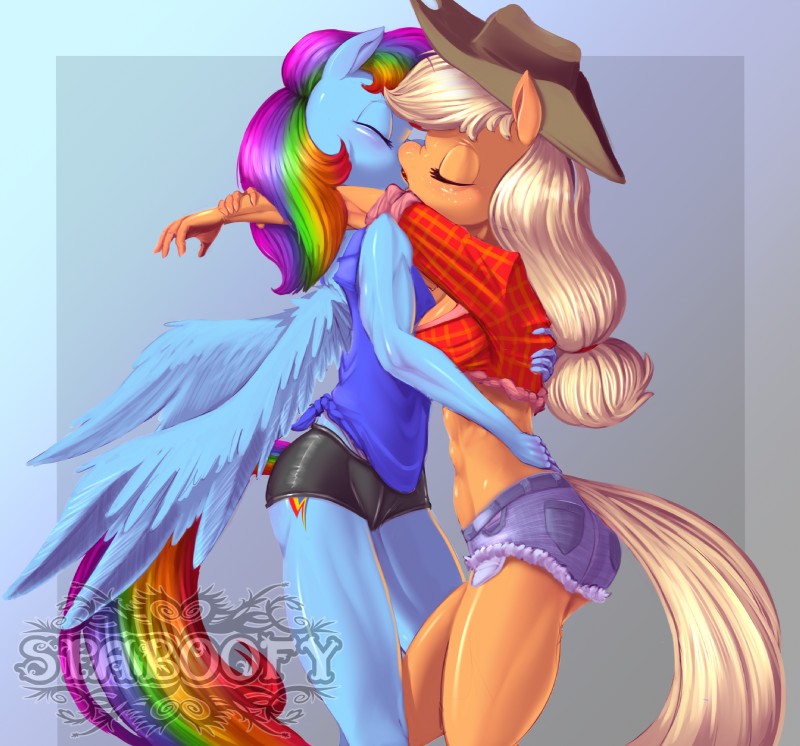 5_fingers anthro anthrofied biped blonde_hair blue_body blue_fur bottomwear breasts butt clothed clothing cowboy_hat cutie_mark denim denim_clothing duo eyelashes eyes_closed feathers female female/female fingers freckles french_kissing fully_clothed fur hair hat headgear headwear kissing long_hair making_out multicolored_hair orange_body orange_fur rainbow_hair rolled_up_sleeves shorts simple_background wings spaboofy friendship_is_magic hasbro my_little_pony applejack_(mlp) rainbow_dash_(mlp) equid equine horse mammal digital_media_(artwork) hi_res watermark