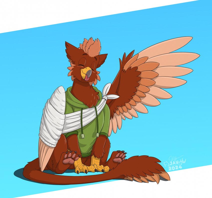 3_toes 4_toes abstract_background arm_tuft back_wings beak black_claws blep blue_background broken_wing brown_body brown_feathers cheek_tuft chest_tuft claws clothed clothed_feral clothing eyes_closed facial_tuft fauxhawk feathers feet feral green_clothing green_hoodie green_topwear grey_beak head_tuft hoodie logo male multicolored_beak pawpads pink_pawpads pink_tongue quadruped scuted_hands scutes simple_background sitting sling_(medicine) solo spread_wings tail tail_tuft tan_body tan_feathers toes tongue tongue_out topwear tuft two_tone_beak white_background wing_tuft wings wrist_tuft yellow_beak sammfeatblueheart mythology pavlos_andriades avian gryphon mythological_avian mythological_creature 2024 artist_logo hi_res signature