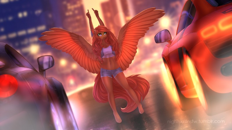 anthro bottomwear car clothing crop_top denim denim_clothing feathered_wings feathers female hair long_hair midriff navel outside raised_arm shirt shorts solo spread_wings topwear vehicle wings nightskrill hasbro my_little_pony mythology camber fan_character equid equine mammal mythological_creature mythological_equine pegasus 16:9 2018 digital_media_(artwork) hi_res widescreen