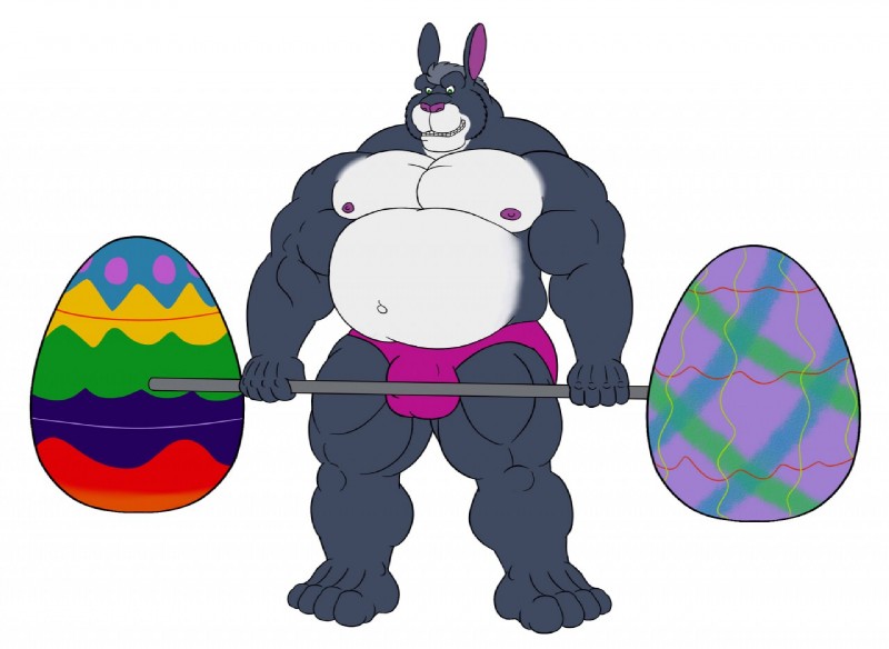 anthro belly biceps big_muscles biped bulge clothed clothing exercise holding_object improvised_weights male musclegut muscular muscular_anthro muscular_male nipples pecs solo standing topless weightlifting workout krosbar_(artist) lagomorph leporid mammal rabbit