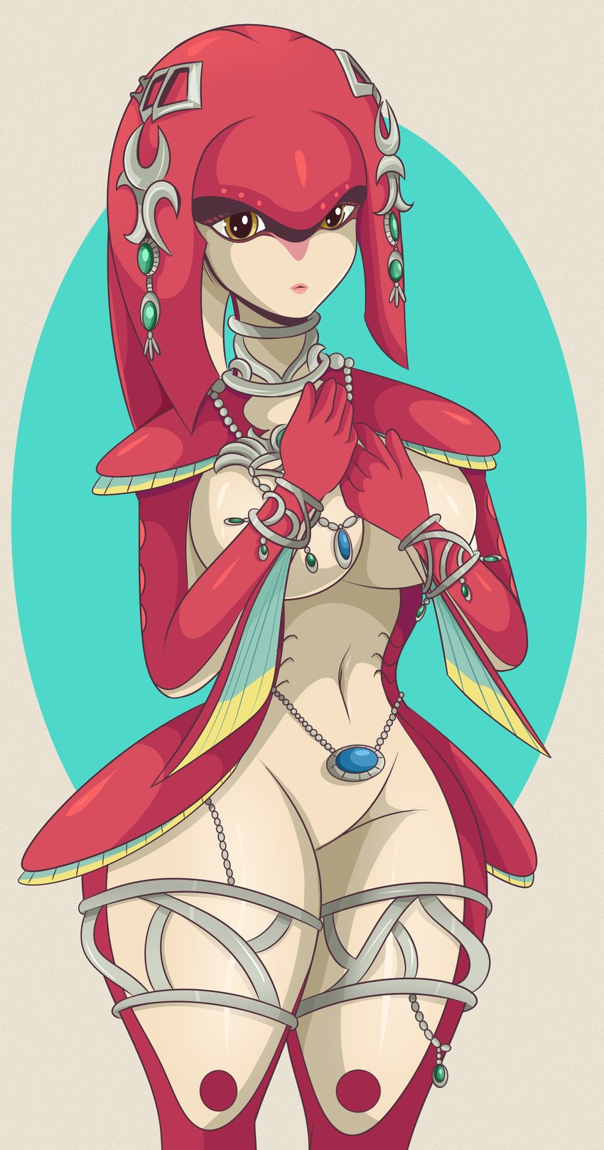 big_breasts bracelet breasts choker female gills jewelry looking_at_viewer necklace solo wide_hips sonson-sensei breath_of_the_wild nintendo the_legend_of_zelda mipha animal_humanoid humanoid marine zora 2020 absurd_res hi_res