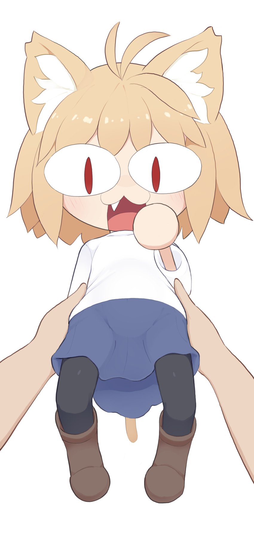 :3 ahoge antenna_hair black_clothing black_legwear black_pantyhose blonde_hair blue_bottomwear blue_clothing blue_skirt blush blush_lines bottomwear clothing cute_fangs disembodied_hand duo fangs featureless_hands female first_person_view glistening glistening_hair hair hand_on_face hand_on_head holding_another inner_ear_fluff legwear light_body light_skin looking_at_viewer narrow_hips open_:3 open_mouth pantyhose pupils red_eyes red_pupils simple_background skirt slit_pupils solo_focus surprised_expression sweater tail teeth thigh_gap thin_calves thin_legs thin_thighs tongue topwear tuft white_background white_clothing white_inner_ear_fluff white_sweater white_topwear yellow_tail terzeebo tsukihime type-moon neco-arc animal_humanoid cat_humanoid domestic_cat felid felid_humanoid feline feline_humanoid felis humanoid mammal mammal_humanoid neco_spirit absurd_res digital_drawing_(artwork) digital_media_(artwork) hi_res shaded