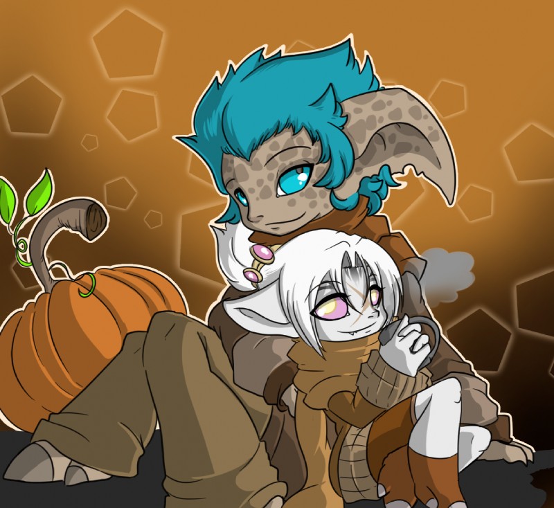 autumn beverage blue_eyes blue_hair clothing coffee coffee_mug container costume cup duo enjoyment food fruit gaze hair love plant pumpkin purple_eyes romantic romantic_couple scarf season smile white_hair twili_z guild_wars dhibb kiar asura humanoid