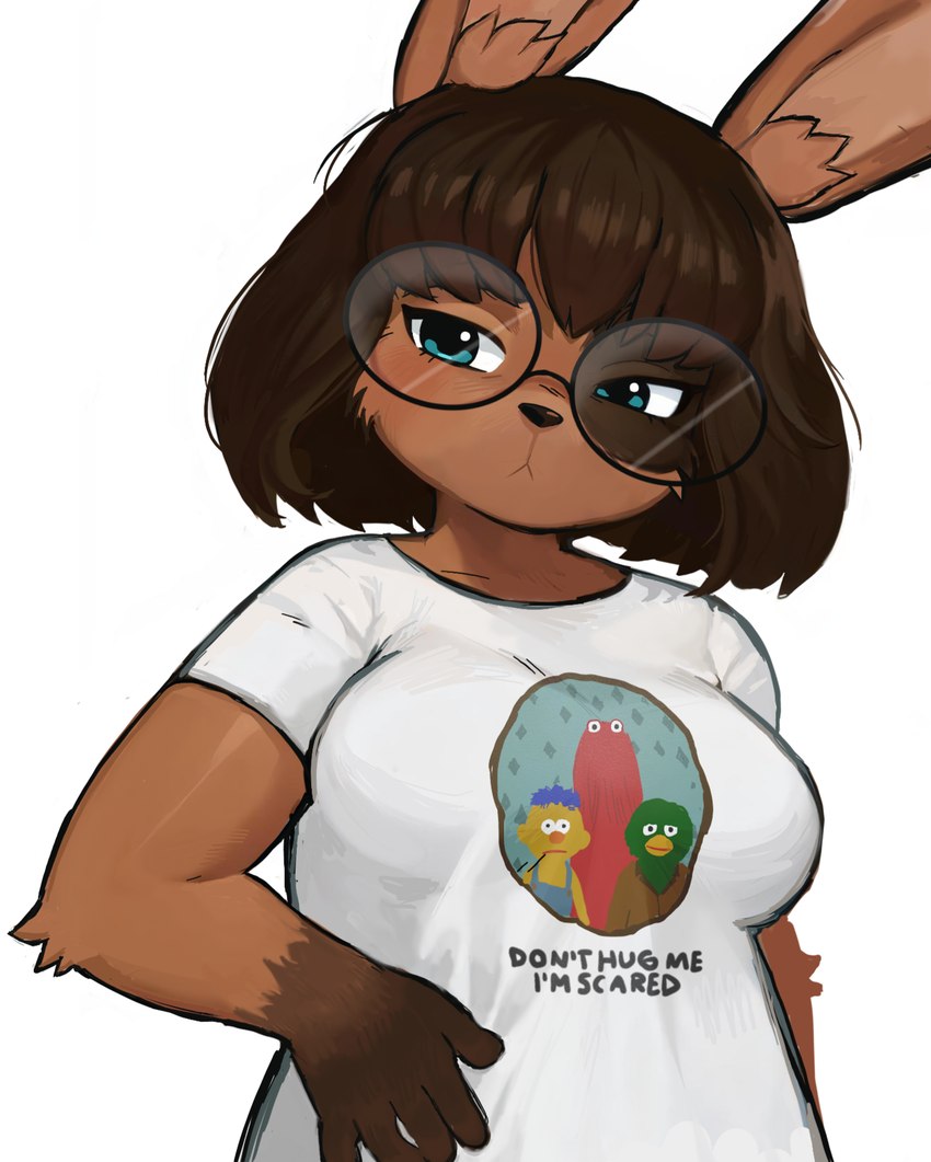 anthro clothed clothing eyewear female glasses shirt simple_background solo text text_on_clothing text_on_shirt text_on_topwear topwear white_background skylordlysander don't_hug_me_i'm_scared lagomorph leporid mammal rabbit hi_res