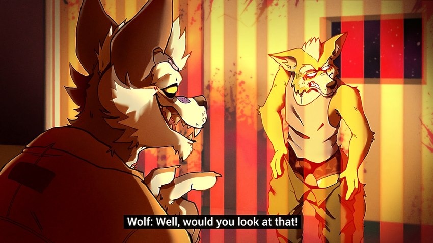 angry anthro bodily_fluids boxers_(clothing) bulge clothing dialogue duo embarrassed fake_screencap fur grey_body grey_fur looking_away male prison_cell sharp_teeth sweat tan_body tan_fur teeth text underwear undressing mocheccino a_fox_in_space nintendo star_fox fox_mccloud wolf_o'donnell canid canine canis fox mammal wolf 16:9 2023 4k absurd_res english_text hi_res subtitled widescreen