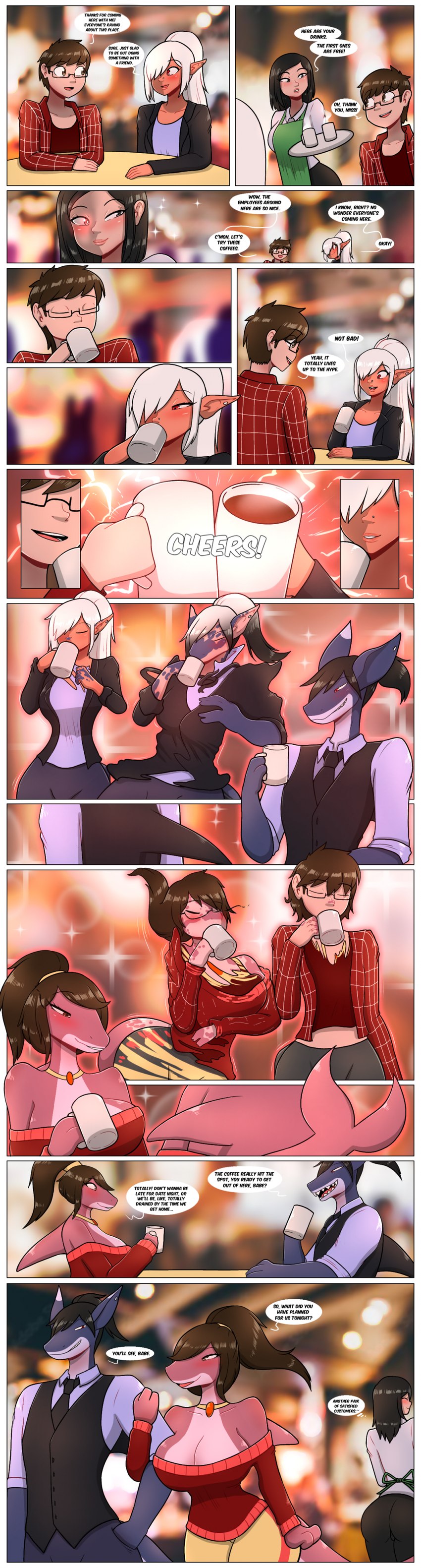 alternate_costume anthro beverage big_breasts big_butt black_hair blue_body blush breast_growth breast_reduction breasts brown_eyes brown_hair butt cafe clothed clothing clothing_swap coffee coffee_mug dialogue drinking expansion fangs female ftm_transformation gender_transformation group growth hair hair_growth hair_shrinking happy identity_death long_hair love male mind_alteration mtf_transformation oblivious personality_change pink_body ponytail red_eyes romantic romantic_couple smile species_transformation speech_bubble tail tail_growth teeth text thick_thighs thigh_expansion thigh_reduction tied_hair transformation trio white_hair judgement6x fish human mammal marine shark absurd_res colored comic english_text hi_res