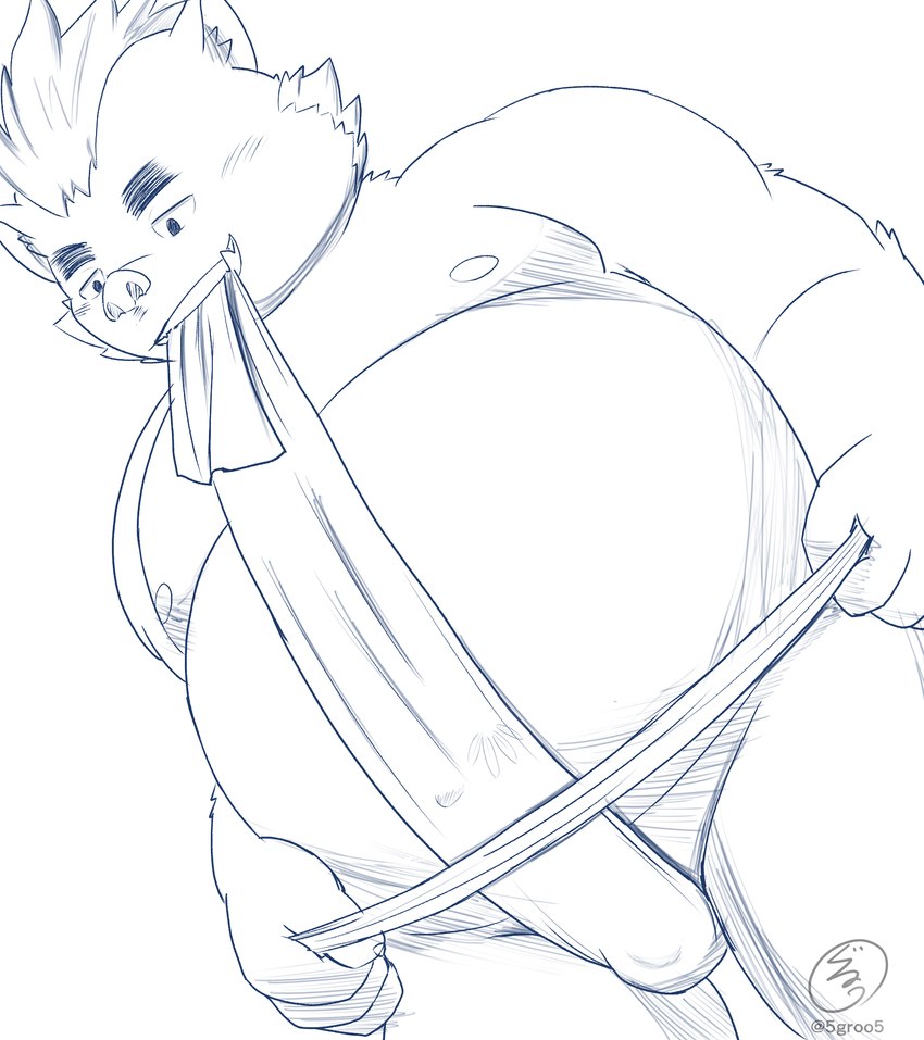 anthro asian_clothing belly blush bulge clothing east_asian_clothing eyebrows fundoshi grin japanese_clothing male moobs nipples overweight overweight_male smile solo thick_eyebrows tying_fundoshi underwear 5groo5 lifewonders tokyo_afterschool_summoners ganglie_(tas) mammal suid suina sus_(pig) wild_boar hi_res line_art