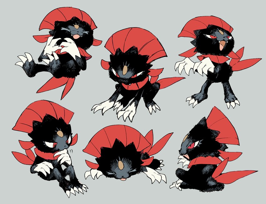 :3 >_< ambiguous_gender black_body black_fur chewing claws coin crouching cute_fangs eyelashes eyes_closed fangs feral floating fur lying multi_tail on_front open_mouth paw_pose pose red_eyes simple_background sitting solo standing tail teeth toe_claws tongue tongue_out esasi8794 nintendo pokemon generation_4_pokemon pokemon_(species) weavile digital_drawing_(artwork) digital_media_(artwork) hi_res multiple_images