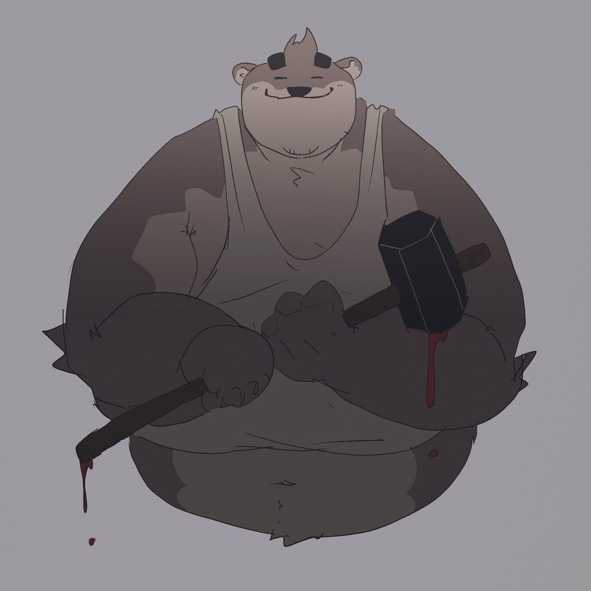 anthro black_nose blood blood_on_weapon bodily_fluids brown_body brown_fur clothing eyes_closed fur kemono male overweight overweight_anthro overweight_male shirt solo topwear weapon dumdum bear mammal 1:1 2021 hi_res