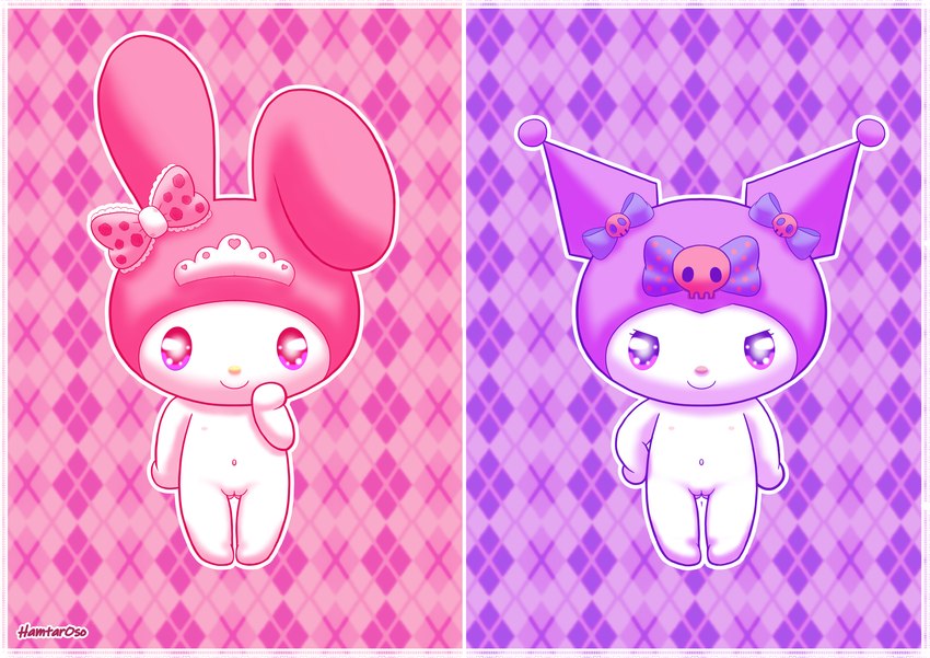 anthro bow_accessory bow_ribbon butt butt_from_the_front crown duo female female_anthro genitals headgear navel nipples nude pattern_background pink_bow purple_bow pussy simple_background sparkles sparkling_eyes tiara white_body hamtaroso onegai_my_melody sanrio kuromi my_melody lagomorph leporid mammal rabbit absurd_res artist_name hi_res